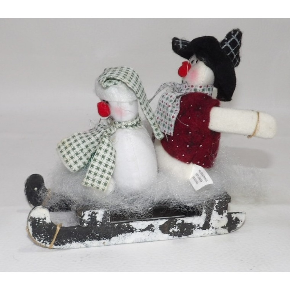 Vintage Style Plush Snowmen on Distressed Wooden Sled Christmas Decor Figurine